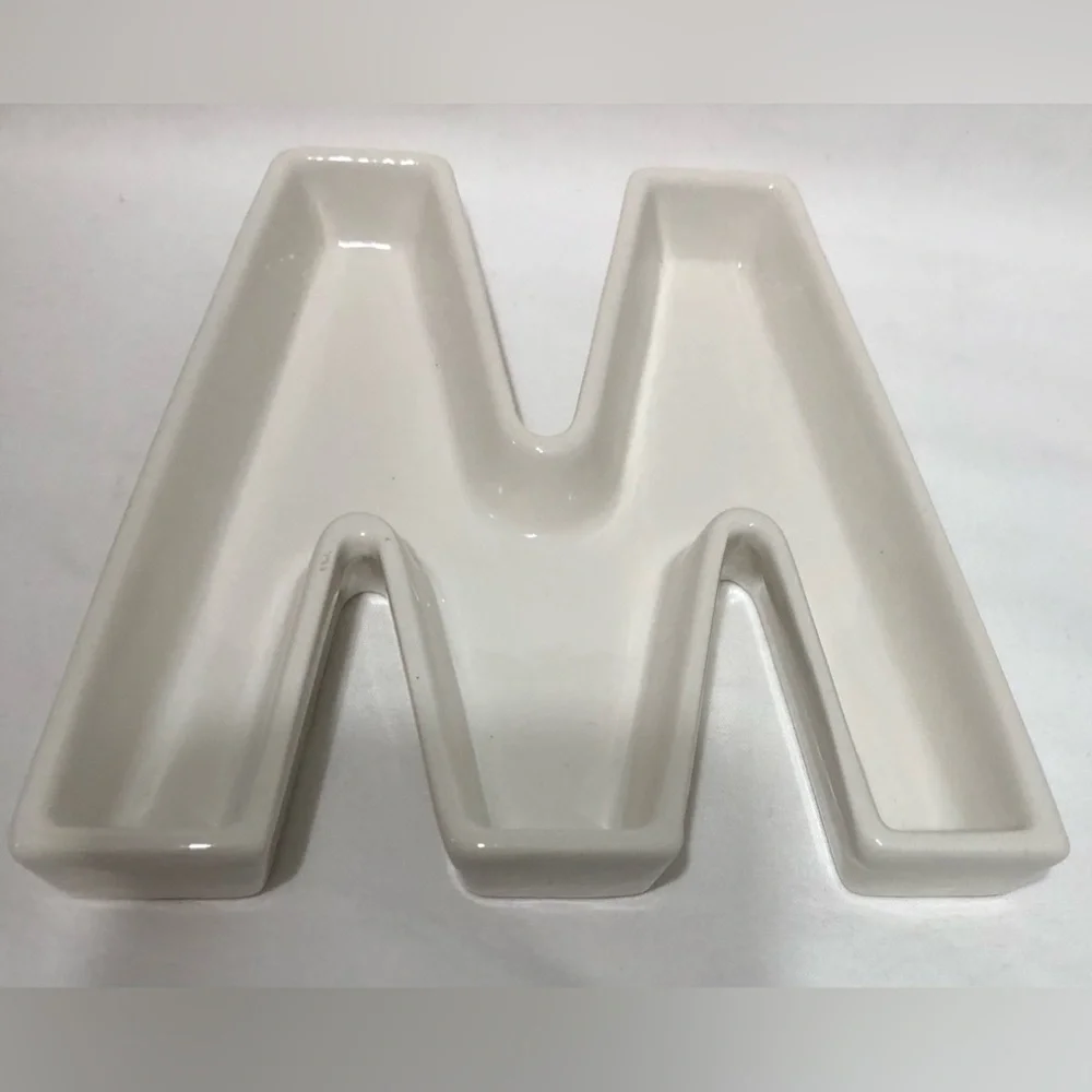 Ceramic initial letter W or M Tray beige. 6”L X6”W